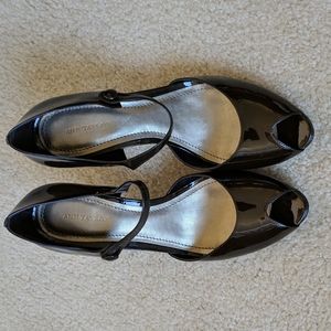 Brown patent Ann Taylor peep toe platform heels.